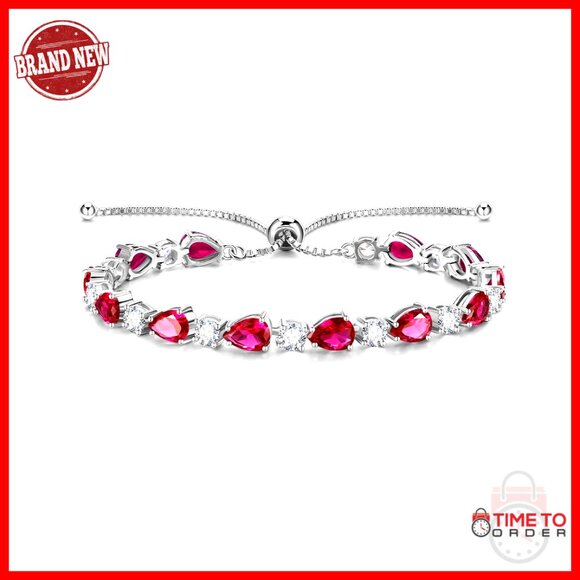 Sterling Silver Tennis Bracelet with Ruby Birthstone Adjustable Bolo Clasp